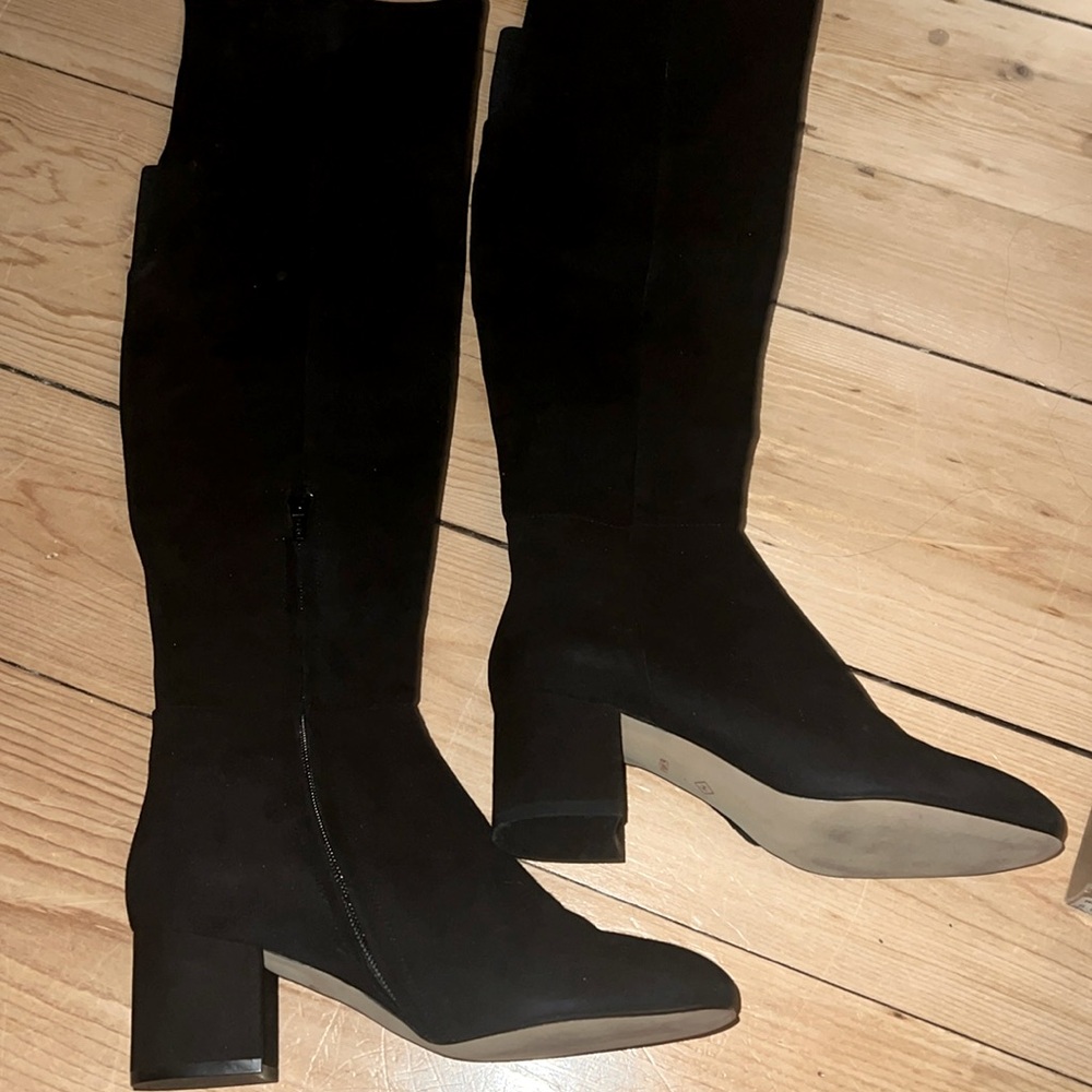 HALOGEN Black Suede Leather Over The Knee Block Heel Boots 6.5 M